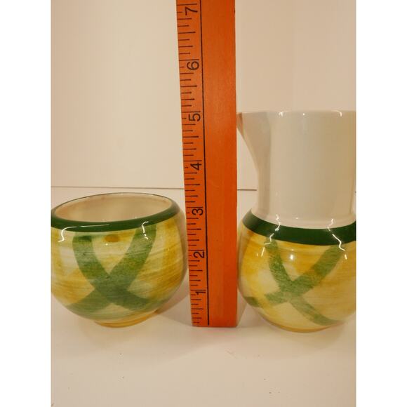 Vernonware Gingham Green Lidded Sugar Bowl And Creamer Set Hand Painted Vintage - Picture 11 of 13